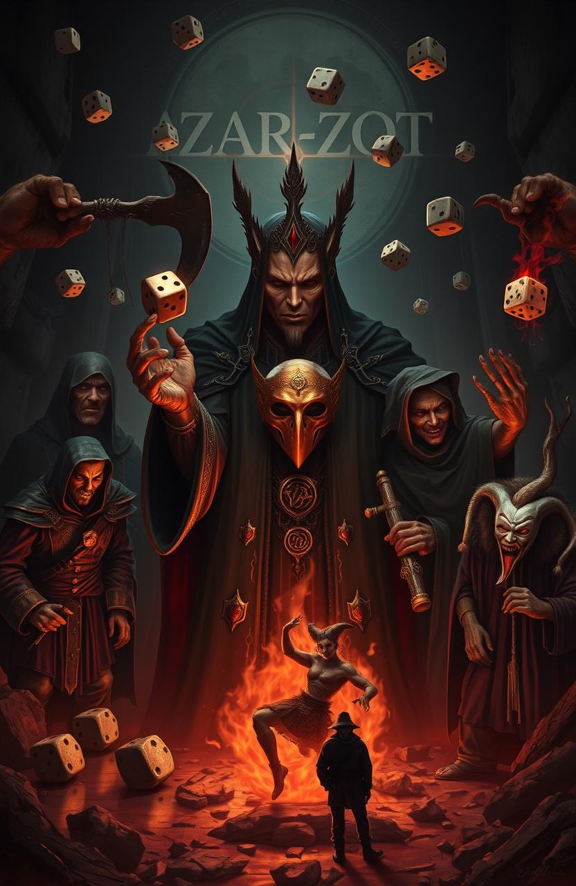 A dark, gothic atmosphere envelops a scene focused on Azar-Zot, a timeless being and god of games, whose true face is hidden beneath a golden mask