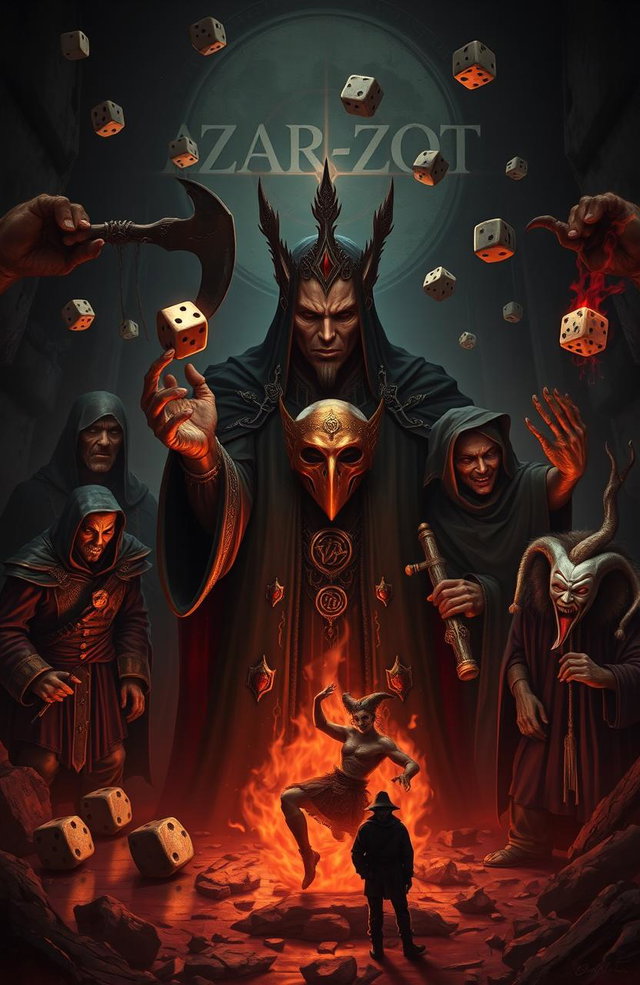 A dark, gothic atmosphere envelops a scene focused on Azar-Zot, a timeless being and god of games, whose true face is hidden beneath a golden mask
