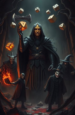 A dark, gothic atmosphere envelops a scene focused on Azar-Zot, a timeless being and god of games, whose true face is hidden beneath a golden mask