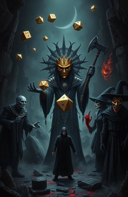 A dark, gothic atmosphere envelops a scene focused on Azar-Zot, a timeless being and god of games, whose true face is hidden beneath a golden mask