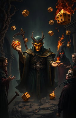 A dark, gothic atmosphere envelops a scene focused on Azar-Zot, a timeless being and god of games, whose true face is hidden beneath a golden mask