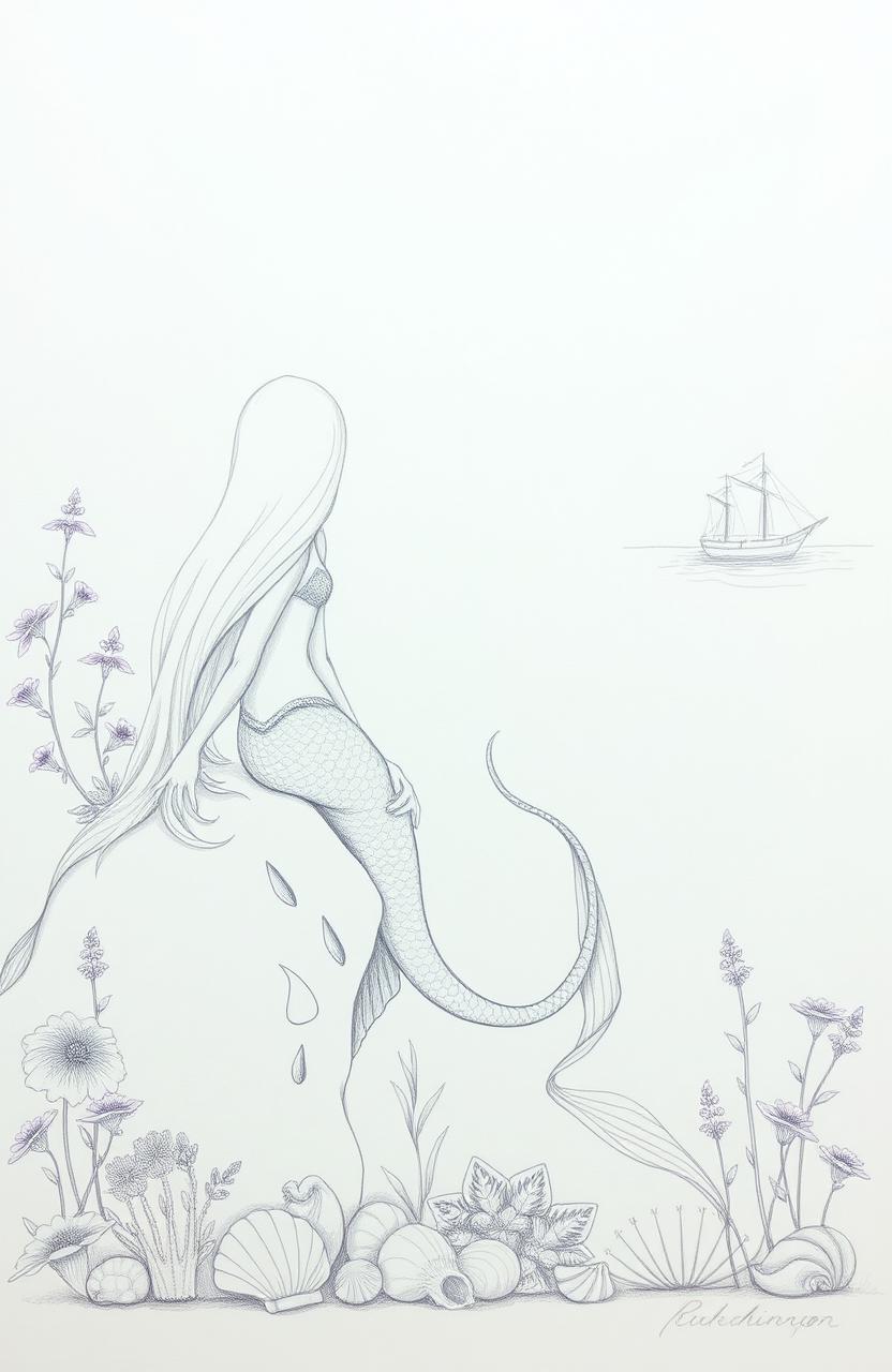 A beautifully detailed pencil sketch of a mermaid with long flowing hair cascading from behind, elegantly sitting on a large rock in the left corner of the image