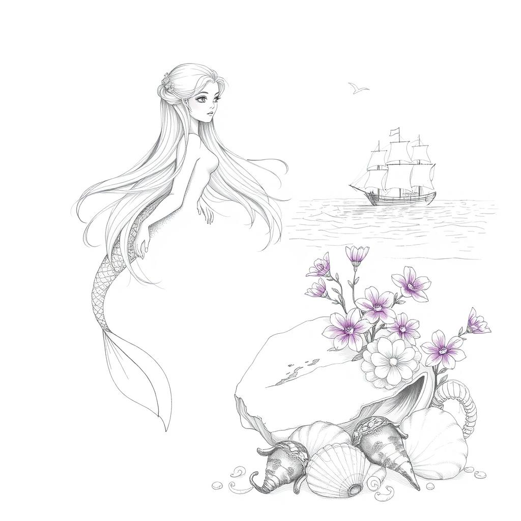 A beautifully detailed pencil sketch of a mermaid in the left corner, featuring long hair that flows from behind, elegantly covering her body