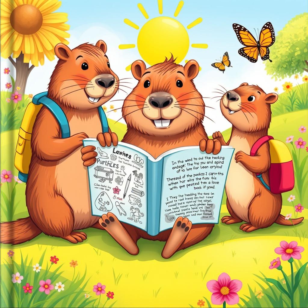A cheerful cover illustration featuring three capybaras in a sunny, colorful environment