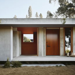 Front view of a dream house on one floor, aesthetically balanced with wood and cement, creatively blending vintage and modern elements