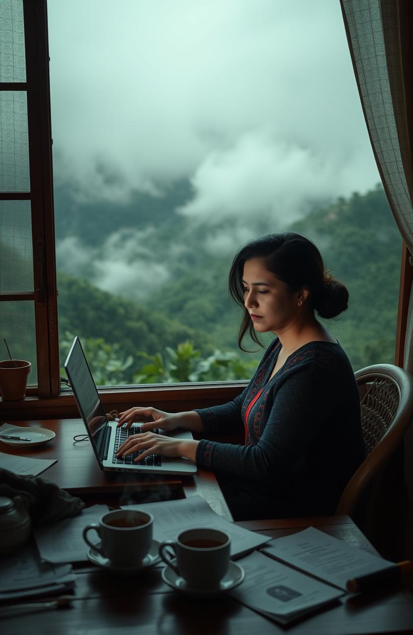 In the misty hills of Shillong, a woman sits at a cozy, rustic desk, her face illuminated by the soft glow of a laptop screen