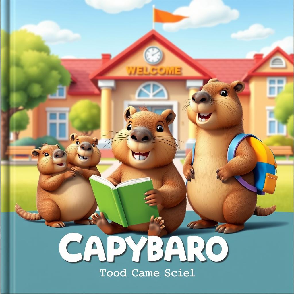 A captivating cover illustration featuring three 3D-style capybaras in a cheerful scene in front of a school