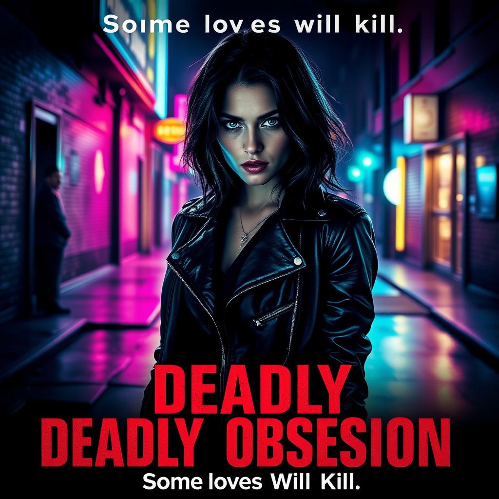 A cinematic film poster for a thriller titled 'Deadly Obsession', featuring a mysterious and alluring woman with dark hair and piercing green eyes, wearing a stylish black leather jacket