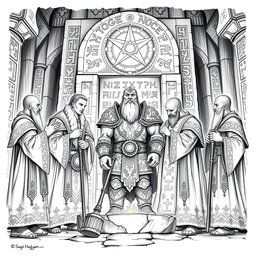 An elaborate black and white drawing depicting dwarven priests sanctifying a new Guardian of the Forge of Power, under the watchful gaze of their god, Kagyar
