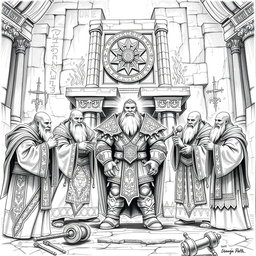 An elaborate black and white drawing depicting dwarven priests sanctifying a new Guardian of the Forge of Power, under the watchful gaze of their god, Kagyar