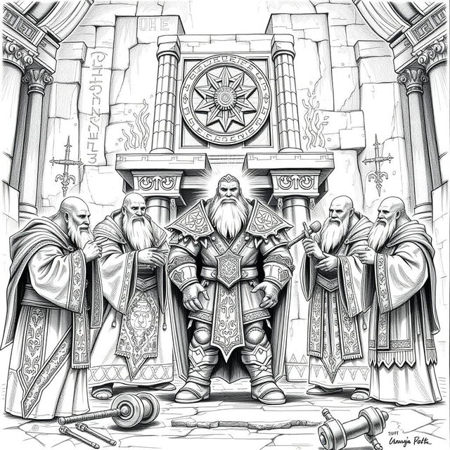 An elaborate black and white drawing depicting dwarven priests sanctifying a new Guardian of the Forge of Power, under the watchful gaze of their god, Kagyar