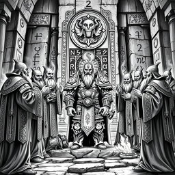 An elaborate black and white drawing depicting dwarven priests sanctifying a new Guardian of the Forge of Power, under the watchful gaze of their god, Kagyar