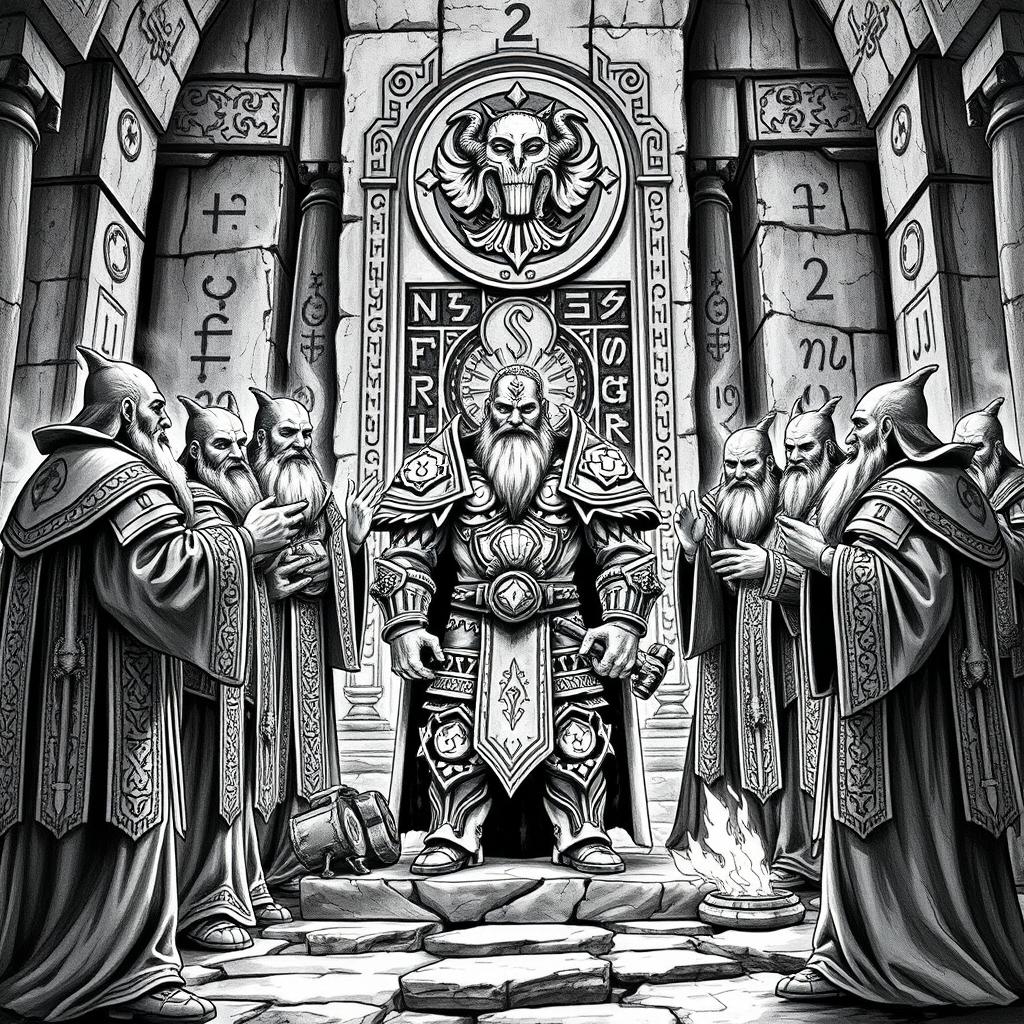 An elaborate black and white drawing depicting dwarven priests sanctifying a new Guardian of the Forge of Power, under the watchful gaze of their god, Kagyar