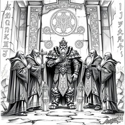 An elaborate black and white drawing depicting dwarven priests sanctifying a new Guardian of the Forge of Power, under the watchful gaze of their god, Kagyar