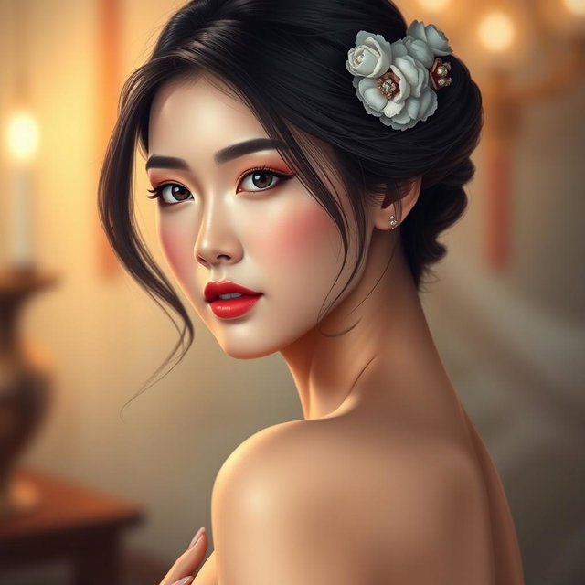 A stunning Chinese woman depicted in a realistic style, showcasing her beauty and sensuality