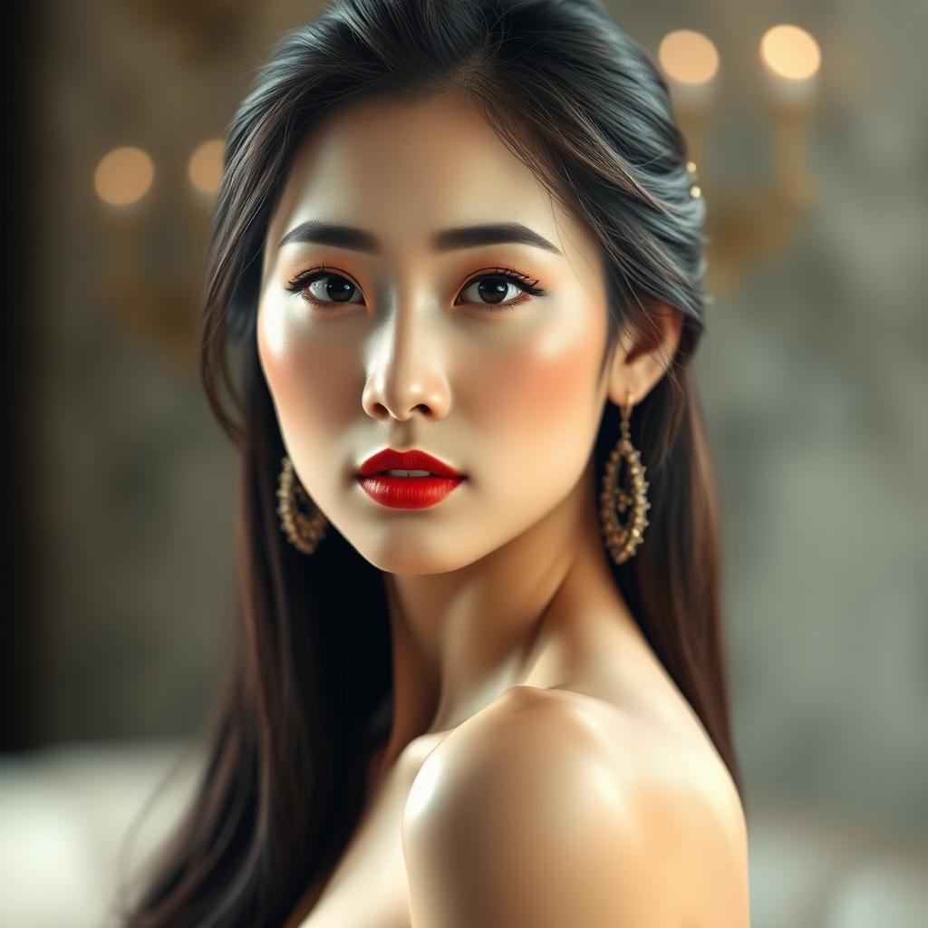 A stunning Chinese woman depicted in a realistic style, showcasing her beauty and sensuality