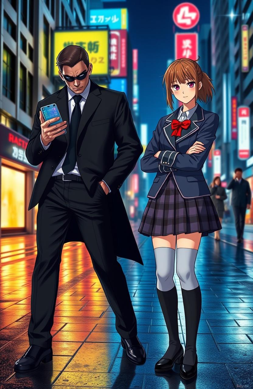 A mysterious male spy with his face partially hidden by shadows, dressed in a sleek black suit, holding a smartphone with intelligence data on the screen
