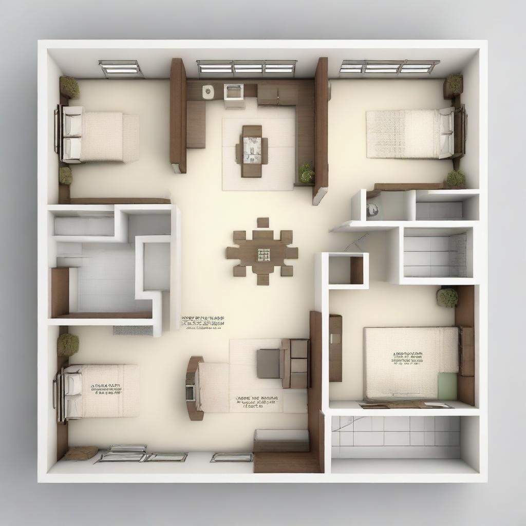 An architectural layout of a house featuring three bedrooms, a living room connected to the kitchen. The house has front and back doors with a passage leading to the backdoor passing two smaller rooms. The design includes doors and windows. There are no garage and bathrooms.