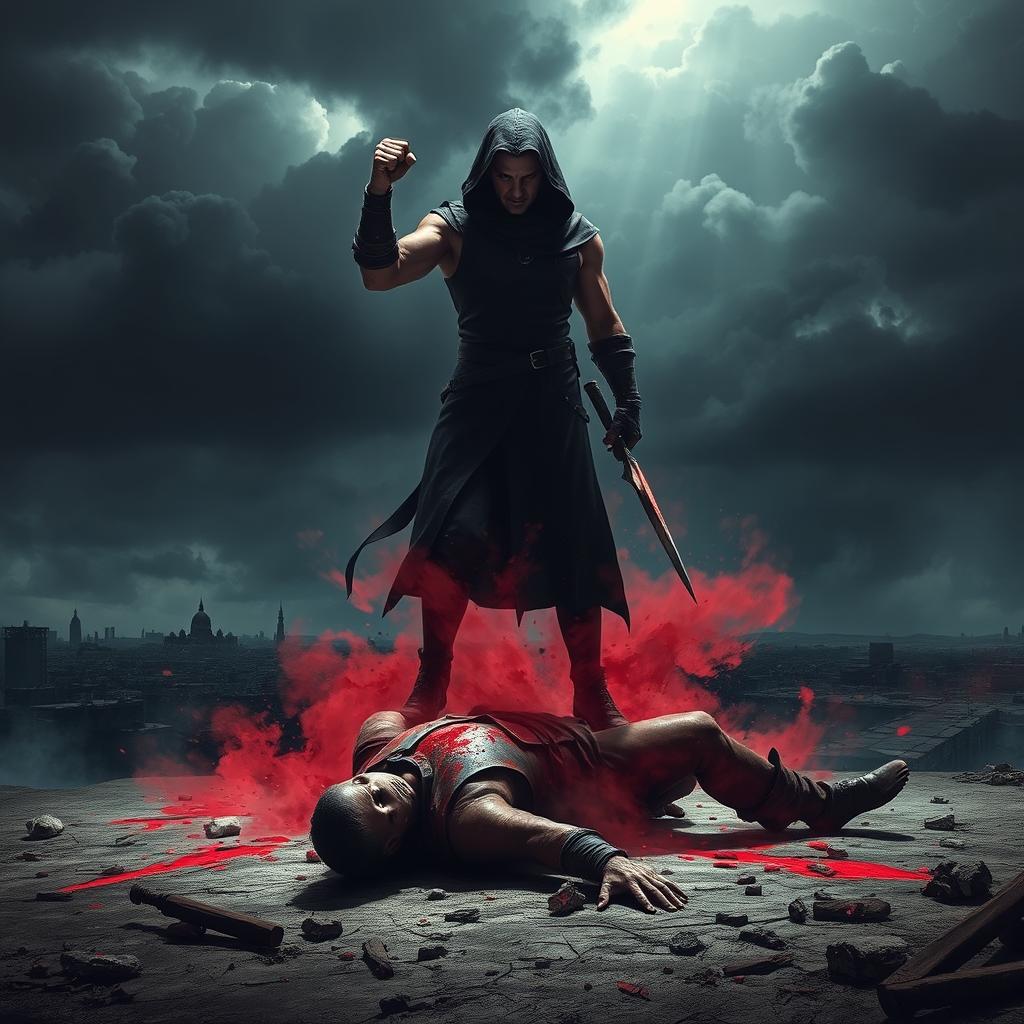 A powerful scene depicting a figure in dark clothing standing triumphantly over a defeated enemy in a desolate and blood-soaked landscape