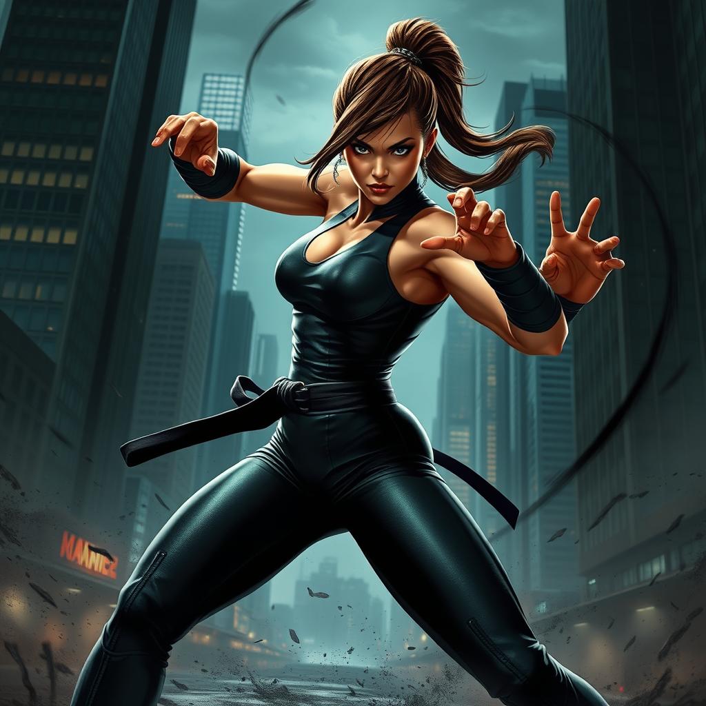 A dynamic and intense scene featuring a highly skilled martial artist poised in a combat stance