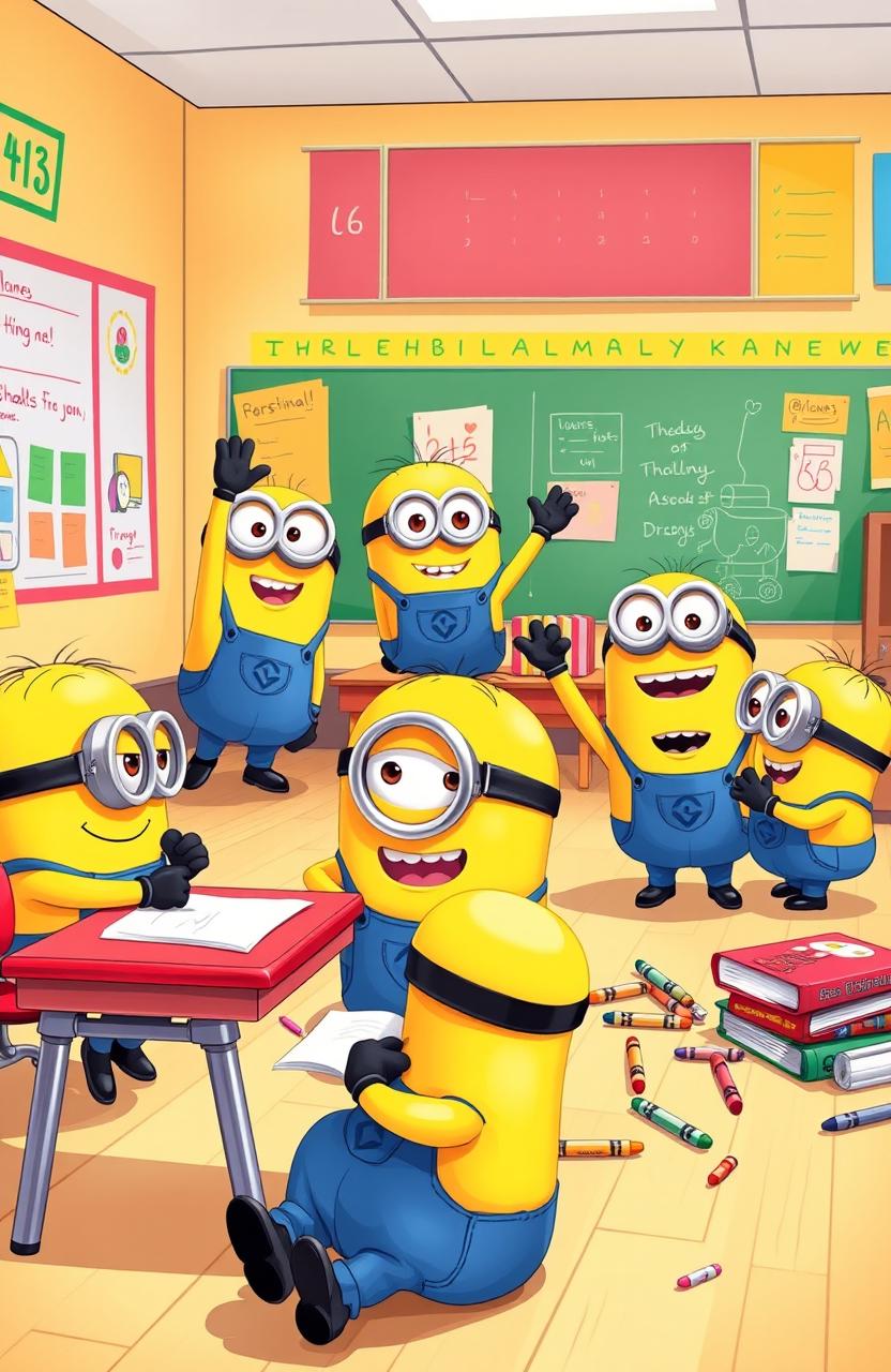 A vibrant and playful illustration featuring adorable cartoon Minions having fun at a school setting