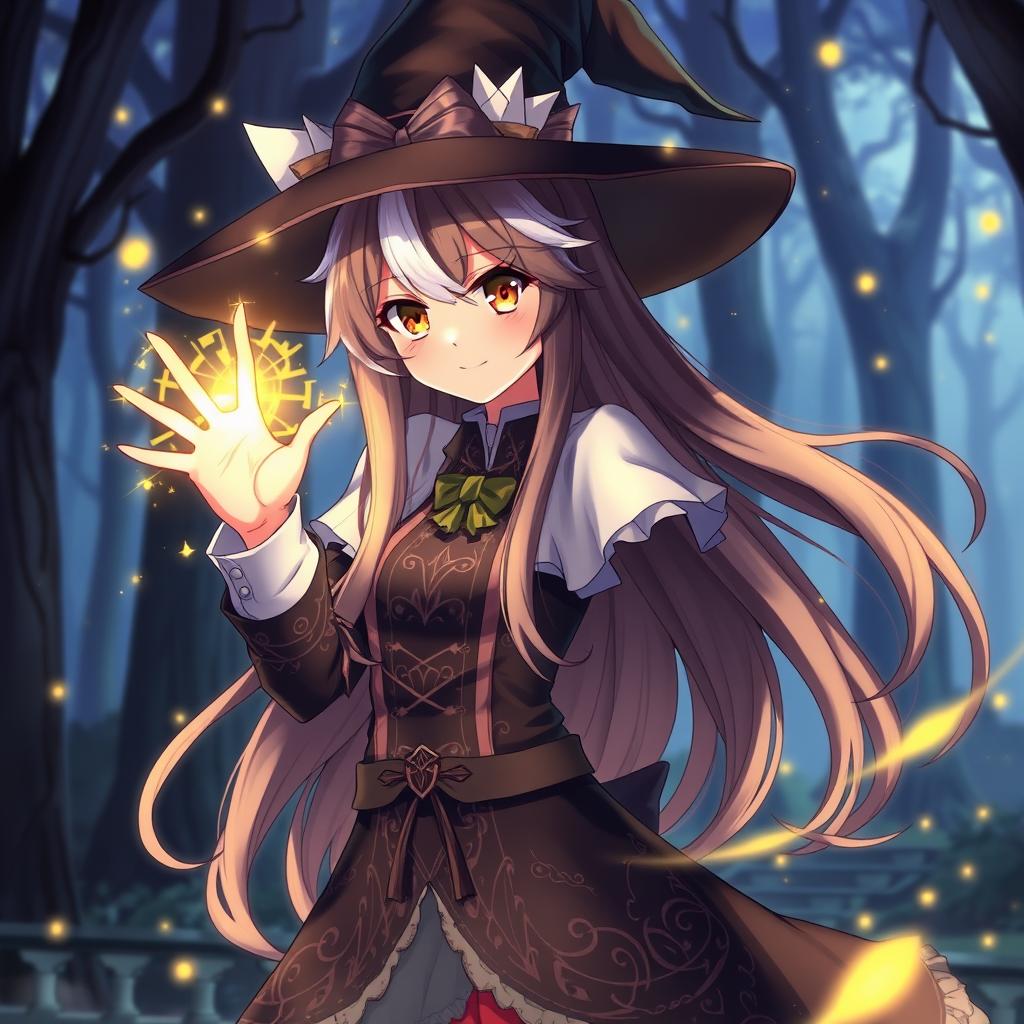 A captivating anime witch with long, flowing brown and white hair, and expressive brown eyes