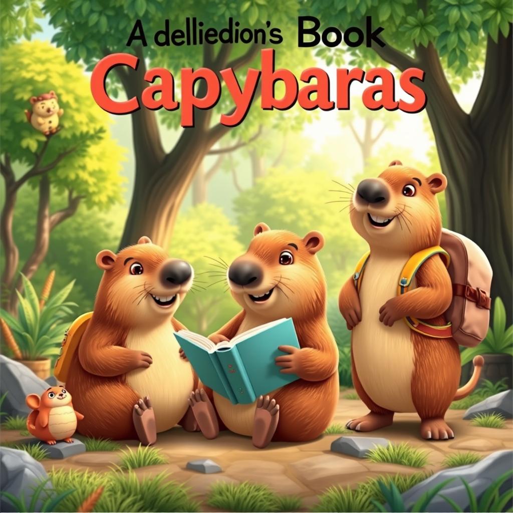 A delightful cover illustration featuring three 3D-style capybaras in a playful forest setting