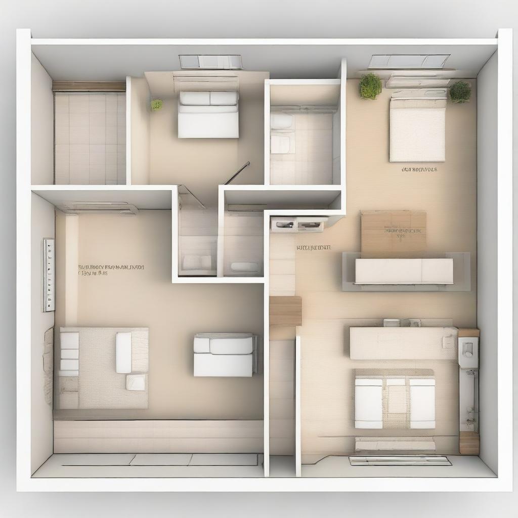 An architectural layout of a house featuring three bedrooms, a living room connected to the kitchen. The house has front and back doors with a passage leading to the backdoor passing two smaller rooms. The design includes doors and windows. There are no garage and bathrooms.