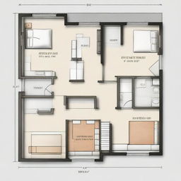 An architectural layout of a house featuring three bedrooms, a living room connected to the kitchen. The house has front and back doors with a passage leading to the backdoor passing two smaller rooms. The design includes doors and windows. There are no garage and bathrooms.