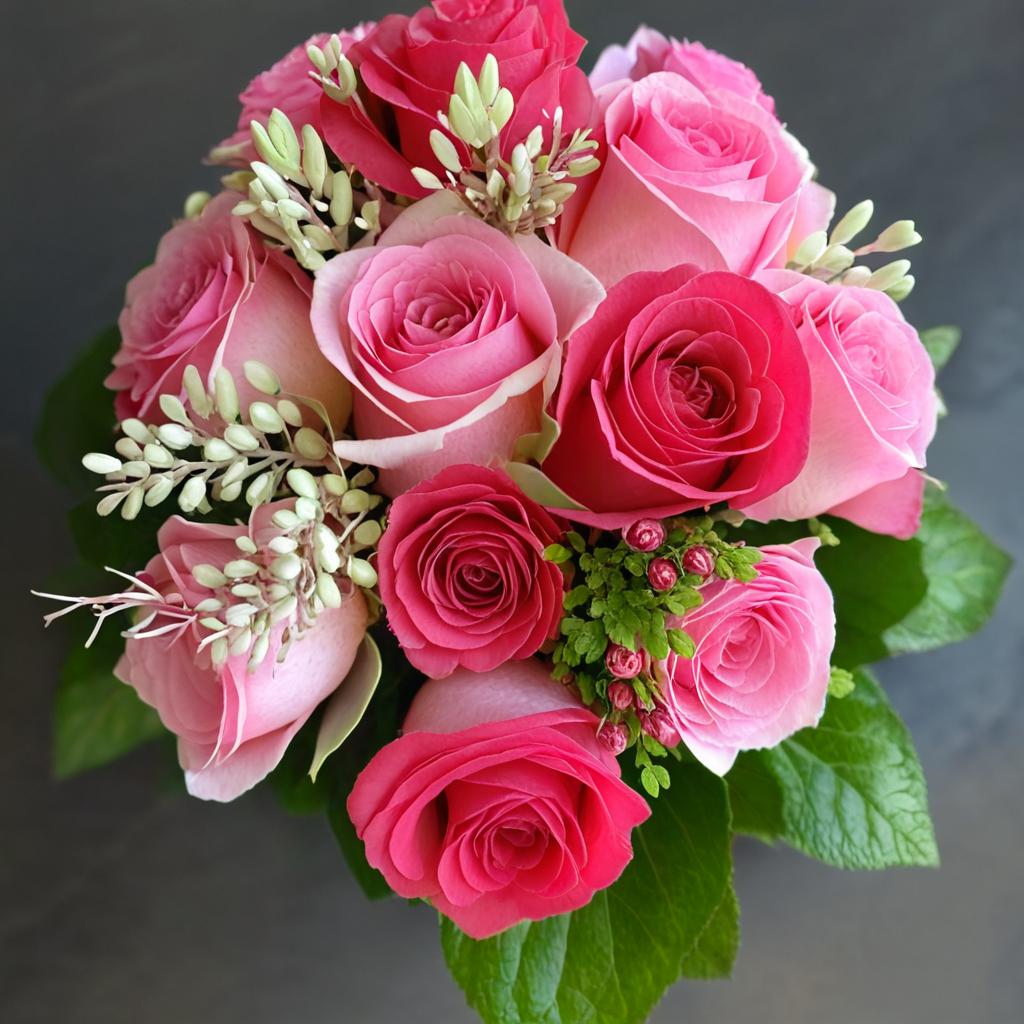 Charming Pink Roses Bouquet in Glass Vase