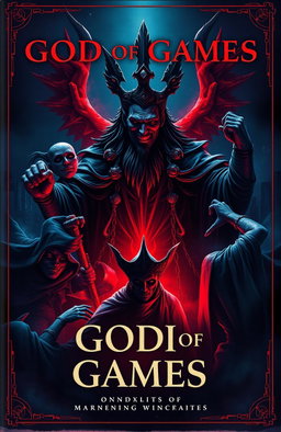 A dark and atmospheric book cover featuring a god of games, a mysterious figure emanating ominous power, in the center