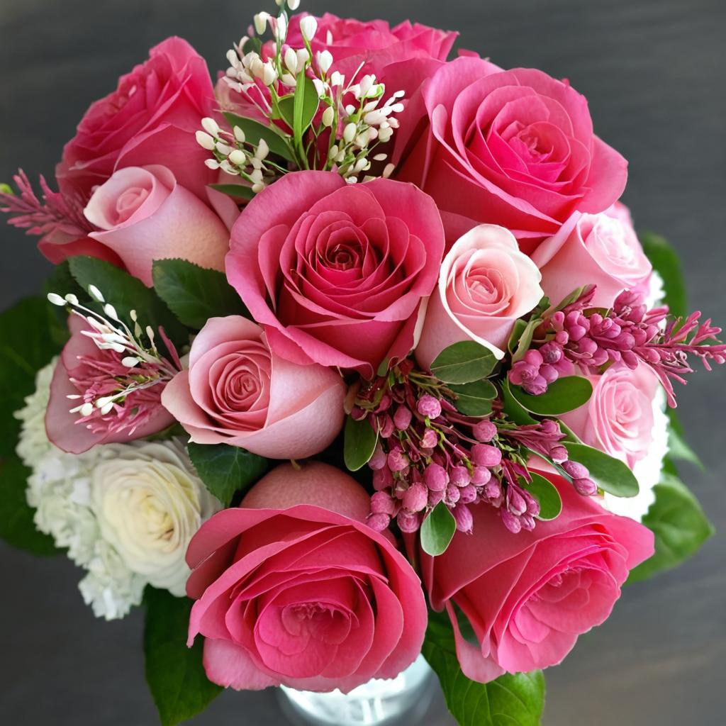 Charming Pink Rose Bouquet in Glass Vase