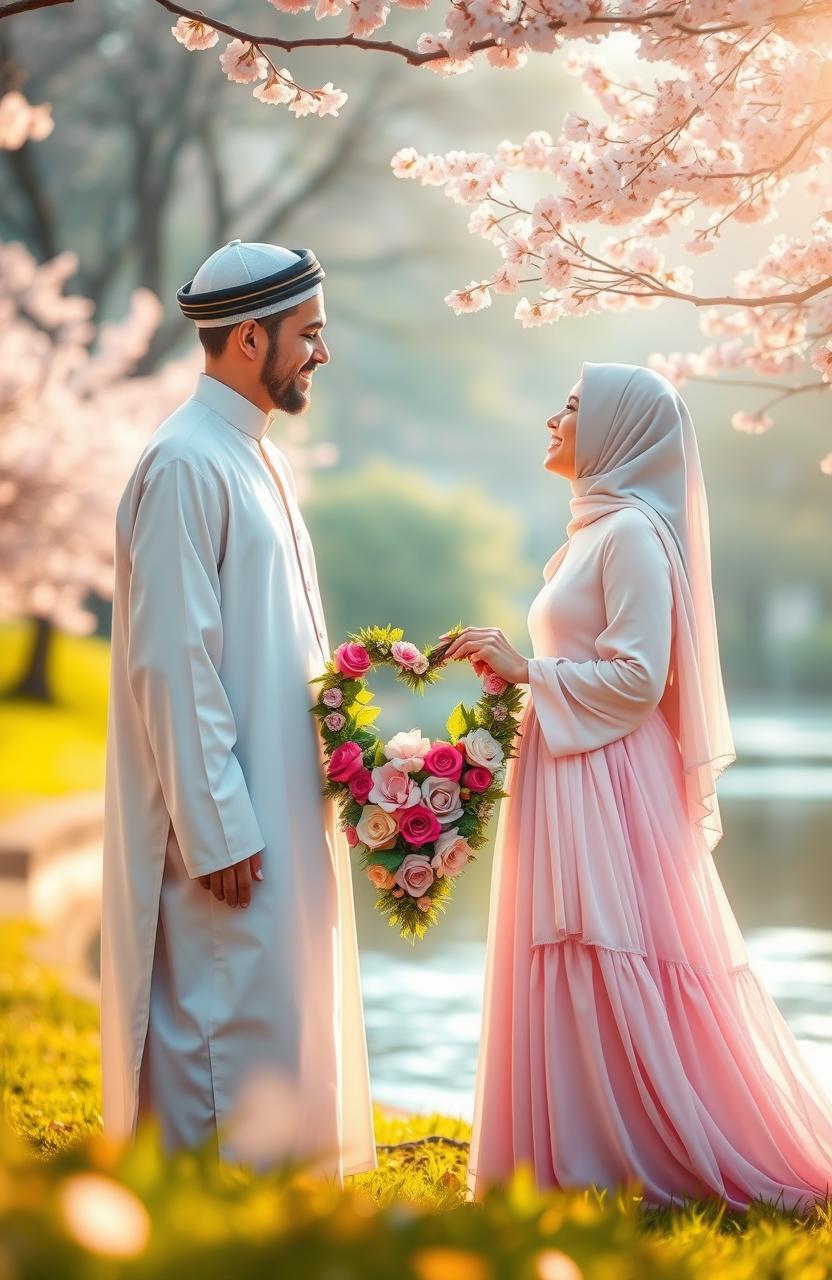 A harmonious scene depicting a couple in love from different religions, showcasing their unique traditions and cultural attire