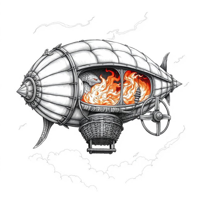 A detailed black and white drawing of a fantastical dwarven rigid airship constructed from dragon-hide, showcasing its unique design and craftsmanship