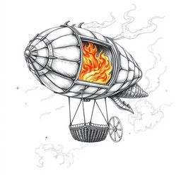 A detailed black and white drawing of a fantastical dwarven rigid airship constructed from dragon-hide, showcasing its unique design and craftsmanship