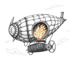 A detailed black and white drawing of a fantastical dwarven rigid airship constructed from dragon-hide, showcasing its unique design and craftsmanship