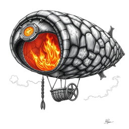 A detailed black and white drawing of a fantastical dwarven rigid airship constructed from dragon-hide, showcasing its unique design and craftsmanship