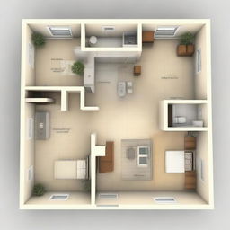 An architectural layout of a house featuring three bedrooms, a living room connected to the kitchen. The house has front and back doors with a passage leading to the backdoor passing two smaller rooms. The design includes doors and windows. There are no garage and bathrooms.