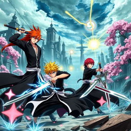 An action-packed scene featuring the main characters from the anime Bleach, such as Ichigo Kurosaki in his Shinigami outfit wielding his Zanpakuto, Rukia Kuchiki in her signature black Shinigami robe with her sword, and Renji Abarai with his vibrant red hair and massive sword