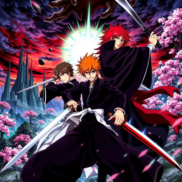 An action-packed scene featuring the main characters from the anime Bleach, such as Ichigo Kurosaki in his Shinigami outfit wielding his Zanpakuto, Rukia Kuchiki in her signature black Shinigami robe with her sword, and Renji Abarai with his vibrant red hair and massive sword