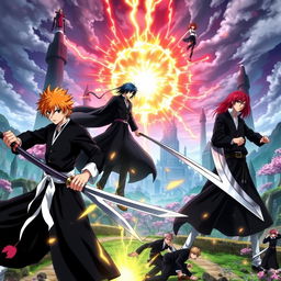 An action-packed scene featuring the main characters from the anime Bleach, such as Ichigo Kurosaki in his Shinigami outfit wielding his Zanpakuto, Rukia Kuchiki in her signature black Shinigami robe with her sword, and Renji Abarai with his vibrant red hair and massive sword