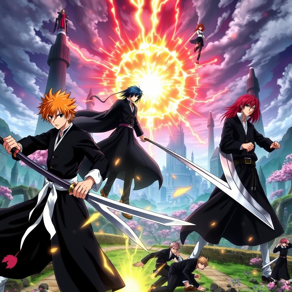 An action-packed scene featuring the main characters from the anime Bleach, such as Ichigo Kurosaki in his Shinigami outfit wielding his Zanpakuto, Rukia Kuchiki in her signature black Shinigami robe with her sword, and Renji Abarai with his vibrant red hair and massive sword