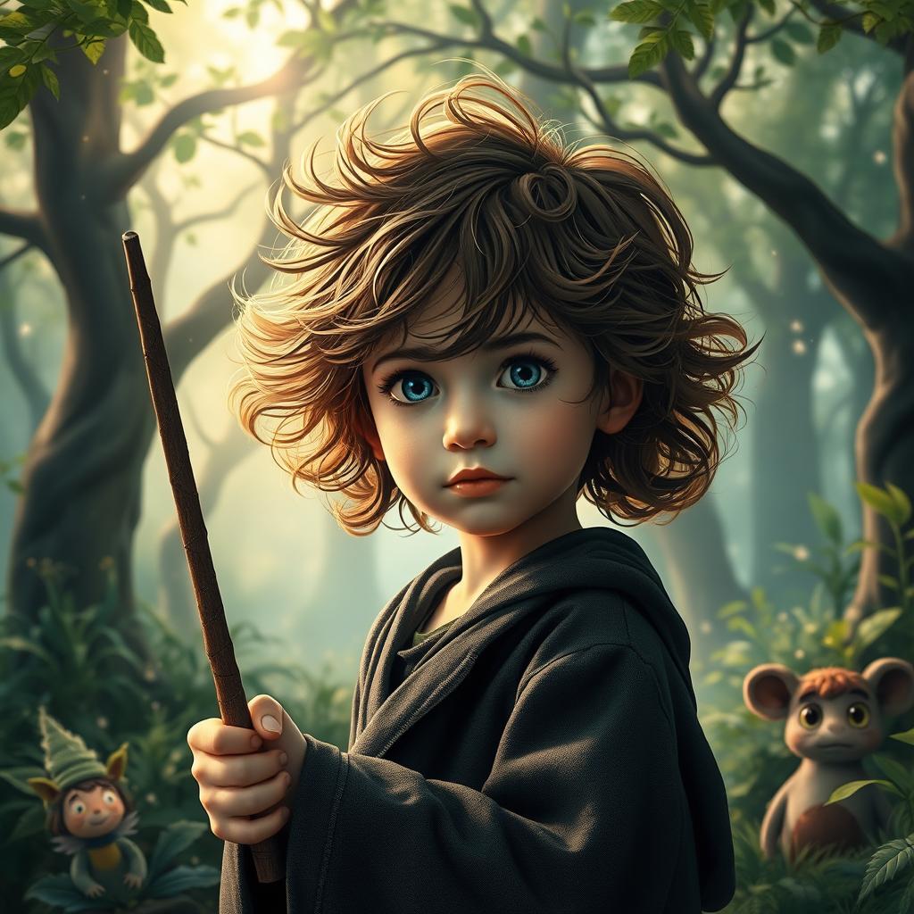 A scene featuring a young wizarding child in an enchanted forest, blending elements of mystery and magic