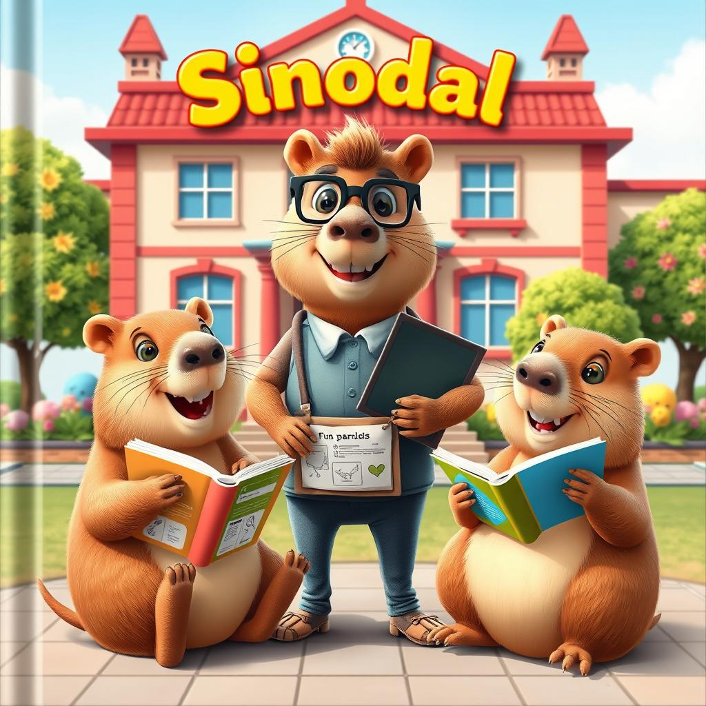 A delightful cover illustration featuring three 3D-style capybaras in a cheerful educational setting