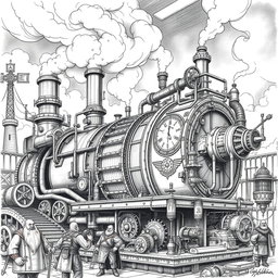 An intricate black and white drawing of a giant, ungainly dwarven machine, designed to embody the essence of industrial fantasy