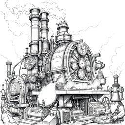 An intricate black and white drawing of a giant, ungainly dwarven machine, designed to embody the essence of industrial fantasy