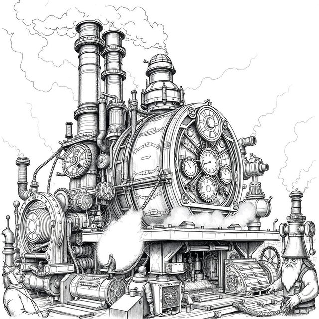 An intricate black and white drawing of a giant, ungainly dwarven machine, designed to embody the essence of industrial fantasy