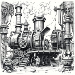 An intricate black and white drawing of a giant, ungainly dwarven machine, designed to embody the essence of industrial fantasy