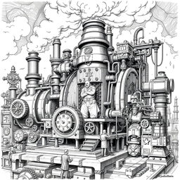 An intricate black and white drawing of a giant, ungainly dwarven machine, designed to embody the essence of industrial fantasy