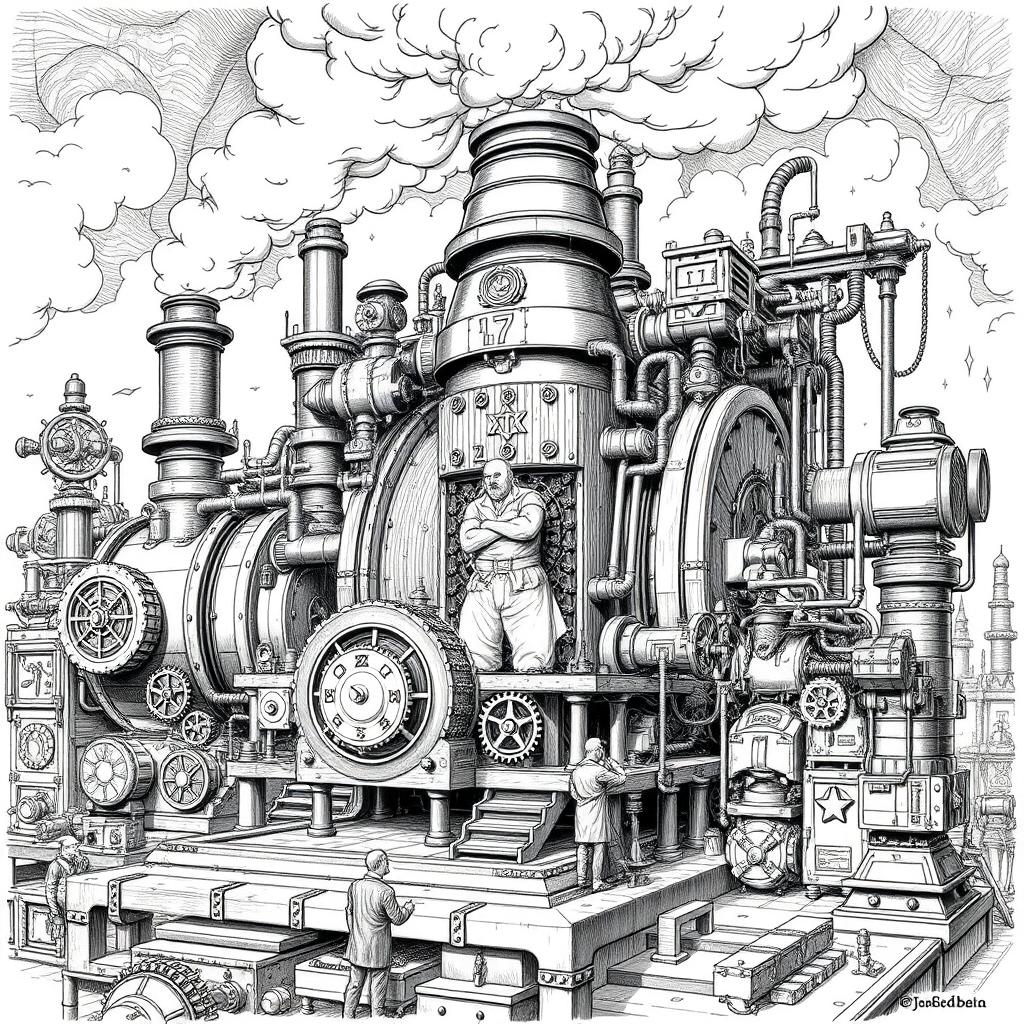 An intricate black and white drawing of a giant, ungainly dwarven machine, designed to embody the essence of industrial fantasy